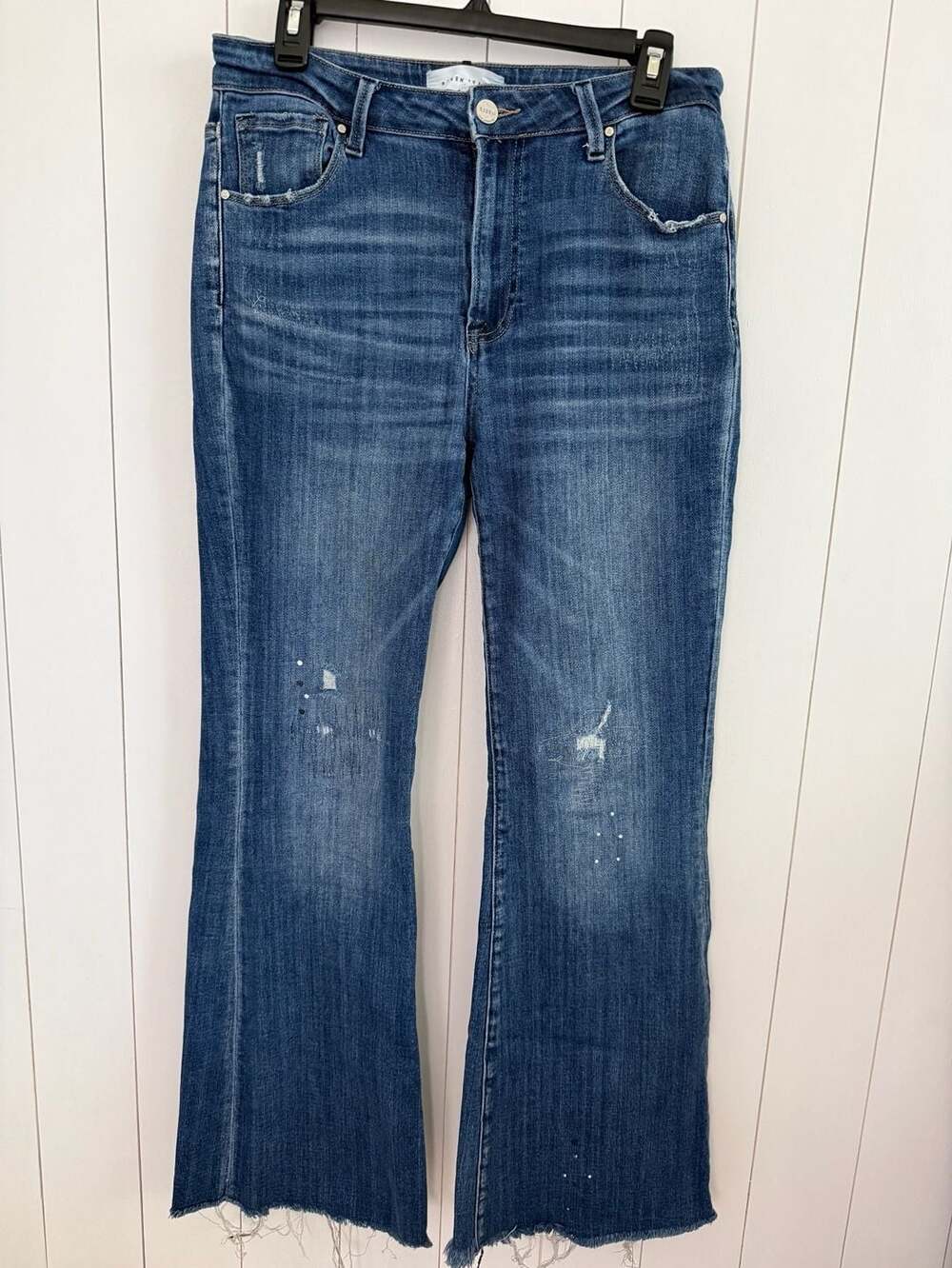 Risen Jeans Flare Distressed Denim Size 11/30 Blue Raw Hem